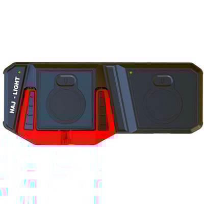 Haj Light trådløs dobbelt ladeplade med mobilholder i sort og rød med to opladningszoner og grønne indikatorlys.