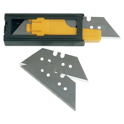 Ironside trapezformede 1992-knivblade på 60 mm ses sammen med den sorte og gule opbevaringsholder.
