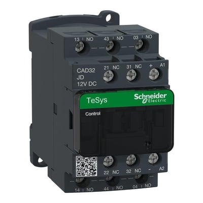 Schneider Electric TeSys D kontrolrelæ med 3NO og 2NC kontakter, 12V DC. Relæet er mørkegråt med grøn og hvid mærkning.