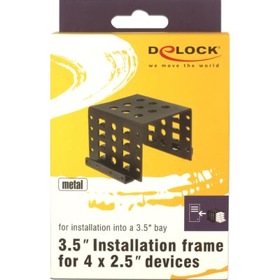 DeLock sort installationsramme til fire 2,5-tommers enheder i en 3,5-tommers plads, vist på emballagen.