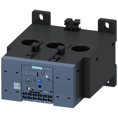 Siemens SIRIUS 3RB20 overbelastningsrelæ til motorbeskyttelse, 50-200A, med reset og test knapper, og fjederklemmer.