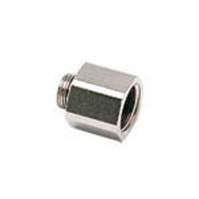 Parker Legris nippelmuffe 0179 med G1/8 udvendigt gevind og G1/4 indvendigt gevind, fremstillet i forniklet messing.