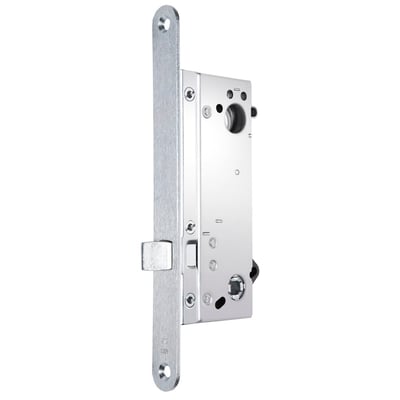 Ruko fallelås 212-50V fra Assa Abloy med lang, sølvfarvet frontplade og synlige låsemekanismer.