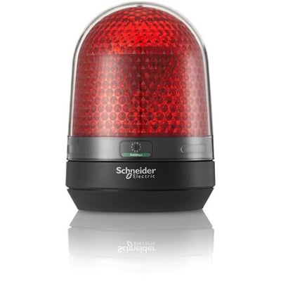 Schneider Electric XVR3 signallampe Ø100 mm LED i rød med en klar kuppel, 48 VDC. Enheden har en sort base med "Schneider Electric" logo og synlige indstillingsknapper.