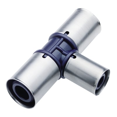 Detaljeret frontvisning af Wavin Tigris K1 T-stykke, der viser de to 75mm og en 32mm preskobling.