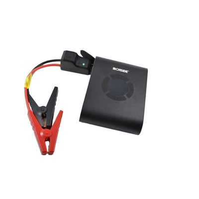 Ironside startbooster med kompressor på 8000 mAh, vist med startkabler og røde og sorte batteriklemmer.