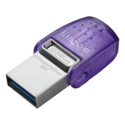 Kingston DataTraveler microDuo 3C USB-flashdrev med 256 GB lagerplads og lilla hus, vist skråt med USB-stikket synligt.