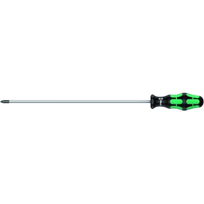 Wera 350 PH skruetrækker med lang 300 mm klinge og PH1 spids, fremviser det grønne og sorte flerkomponent greb.