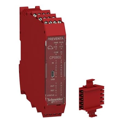 Schneider Electric Preventa CP0802 sikkerhedscontroller med 8 digitale indgange og 2x2 digitale udgange, vist med separat stik.