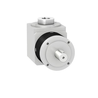 Schneider Electric Planetgear WPLE120 med 120mm diameter og 40:1 reduktion, vist med udgangsaksel og monteringsdetaljer.