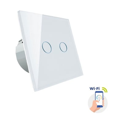SpectrumLED smart 2-zone WiFi-afbryder med hvid glasfront og to berøringsfelter, vist skråt forfra.