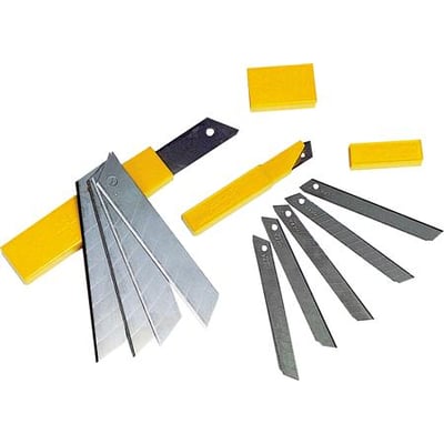 Wareco Olfa bræk-af knivblade på 9 mm spredt ud, med gule beskyttelseshylstre og æske.