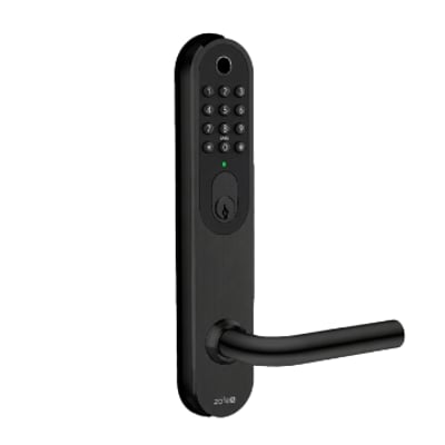 Sort Zafe T-Lock oval lås med fysiske knapper og vandret dørgreb, vist fritstående forfra.
