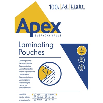 Emballage til 100 stk. A4 lamineringslommer i Light kvalitet med 75-80 mic fra Apex.