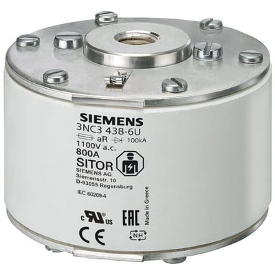 Siemens SITOR sikring 3NC3 438-6U, 800A mærkestrøm, 1100V AC, med indvendigt gevind og frontindikator. Produceret i Tyskland.