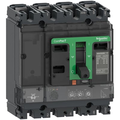 Schneider Electric ComPacT NSX250R maksimalafbryder, 4-polet 4-leder, 250A mærkestrøm og MicroLogic 2.2-enhed med justerbare indstillinger.
