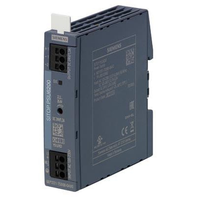 Siemens SITOP PSU6200 strømforsyning i mørkeblå, 24V DC/1.3A, vist fra siden med mærkninger for input og output.