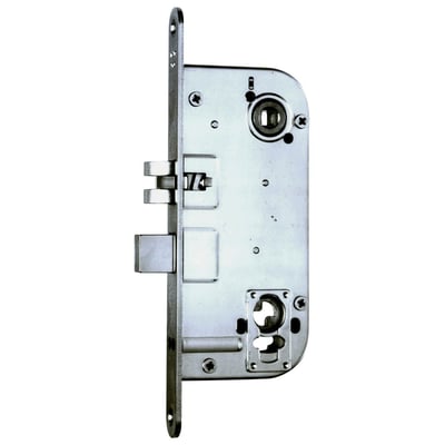 Assa Abloy Trio 5116 v låsekasse i sølvfarvet finish, set forfra med lang stolpe, falle og rigel.