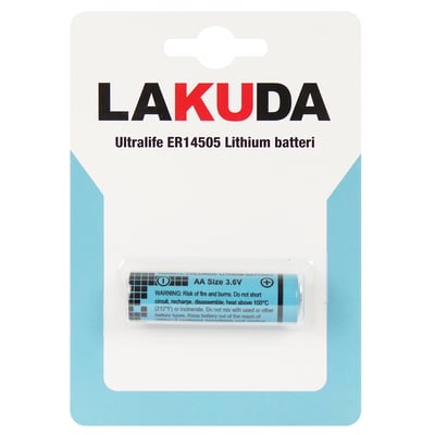 Ultralife ER14505 lithiumbatteri i AA-størrelse og 3,6 V ses i klar blisteremballage på et Lakuda-kort.