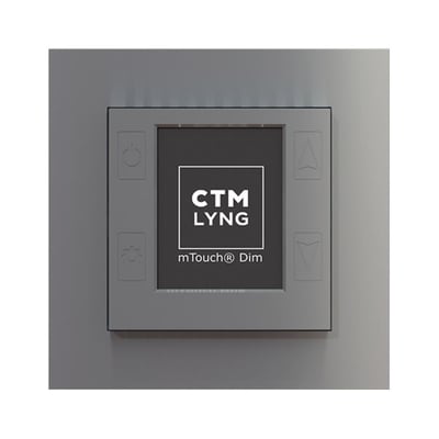 mTouch Dim lysdæmper i mat aluminium med touch-knapper og LCD-display, der viser CTM Lyng logo.