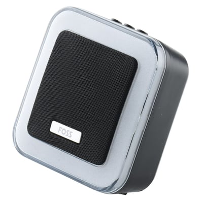 Foss dørklokke-enhed i sort med en skinnende sølvfarvet ramme og sort højttalermesh, med FOSS logo i midten.