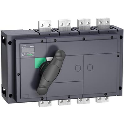 Schneider Electric Compact lastadskiller INS630B 4P i mørkegrå med sort håndtag og fire terminaler foroven og forneden.
