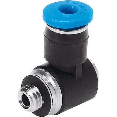 Festo vinkel-forskruning QSMLV-M7-6-I med udvendigt M7 gevind og blå push-in forbindelse til pneumatik.