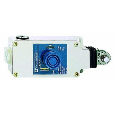 Schneider Electric Nødstop V med resetknap, model XY2-CH, med blå drejeskive og mærkat der angiver AC15 240V 3A IP65.