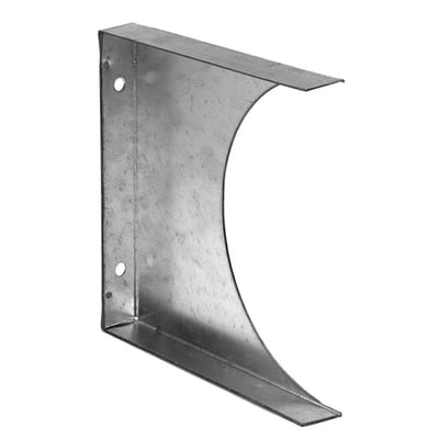 Detaljeret billede af Lindab FADK montagebøjle i galvaniseret stål, fremhæver de to monteringshuller og den buede form for kanalfastholdelse.