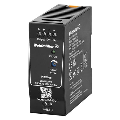 Weidmüller PRO BAS strømforsyning 60W, 12V, 5A, set fra siden, viser monteringsdetaljer og certificeringsikoner.