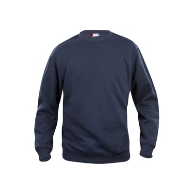 Clique Basic sweatshirt 021030 i navyblå med rund hals, lavet af 65% polyester og 35% bomuld, unisex model på hvid baggrund.
