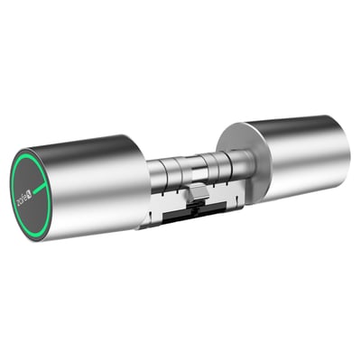 Zafe E-Cylinder PRO DIN DOUBLE elektronisk låsecylinder i sølv med grøn ring omkring den ene ende.