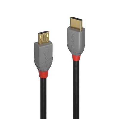 Sort USB 2.0 kabel med type C til Micro-B han-stik og rød/grå detaljer. Kablet er 2 meter langt og har LINDY logo.