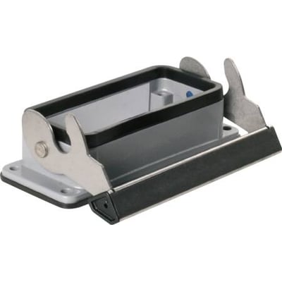 Weidmüller chassishus størrelse 6 til HDC industristik med 1 metallisk bøjle og grå kappe på hvid baggrund.