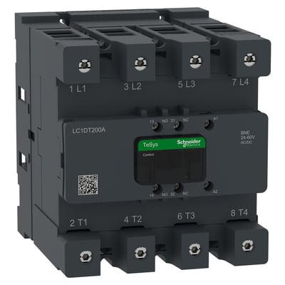 Schneider Electric TeSys Deca Advanced 4-polet kontaktor til AC-1 applikationer op til 200A, med 24-60V AC/DC spole og EverLink-tilslutning.