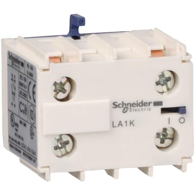 Schneider Electric hjælpeblok LA1KN11 i hvid, med 2 NO kontakter og clipsmontering, vist på hvid baggrund.