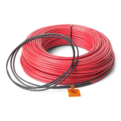 Heatcom Ø6 mm varmekabel i 21 meter med en sort muffe og et advarselsmærke på den isolerede ende.
