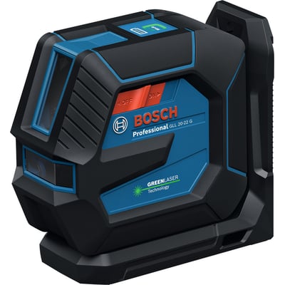 Bosch Professional GLL 20-22 G linjelaser i detaljeret frontvisning, viser betjeningsknapper og 'GREEN LASER' teknologi.