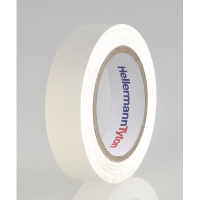 Hvid HelaTape-Flex PVC-isoleringstape fra HellermannTyton på rulle, 19 mm bred og 20 meter lang.