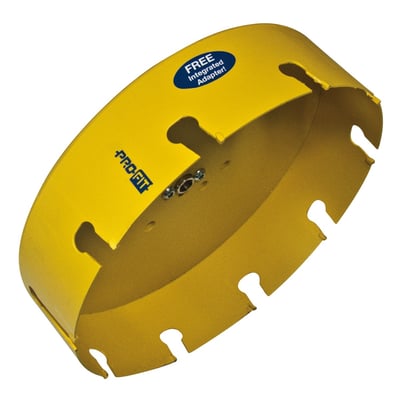 PRO-FIT 225 mm HM hulsav i skarp gul farve, med integreret adapter og tydeligt PRO-FIT logo, klar til brug.