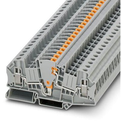 Phoenix Contact UTME 6 måletransformerskilleklemme med grå plast og orange detaljer viser skruetilslutning og montering.