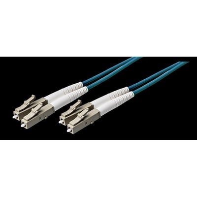 Duplex fiberoptisk patchkabel med LC/PC konnektorer i grå og hvid, med 2mm aqua LSZH kappe og 20 meter længde.