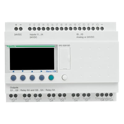 Schneider Electric Zelio SR3 B261BD intelligent relæ med 24 VDC forsyning, indgange og udgange samt baggrundsbelyst LCD-display og betjeningsknapper.