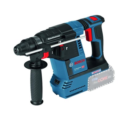 Tæt på Bosch GBH 18V-26 Professional borehammer, der viser SDS plus-holderen, ekstrahåndtag og 18V ProCORE batteriet.