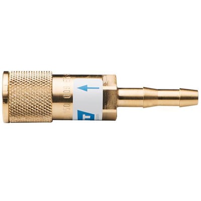 Gylden WITT lynkobling til oxygen med 5,0 mm slangestuds, hun-model, set fra siden med pilvisning.