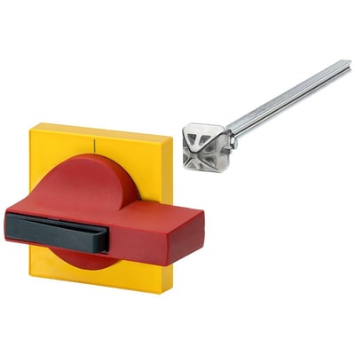 Siemens 8UC7 dørbetjeningshåndtag med rødt greb, gul ramme og tilhørende metalaksel.