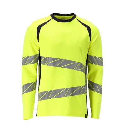 Mascot Accelerate Multisafe T-shirt med rund hals og refleksdetaljer, vist forfra i hi-vis gul og mørkeblå.