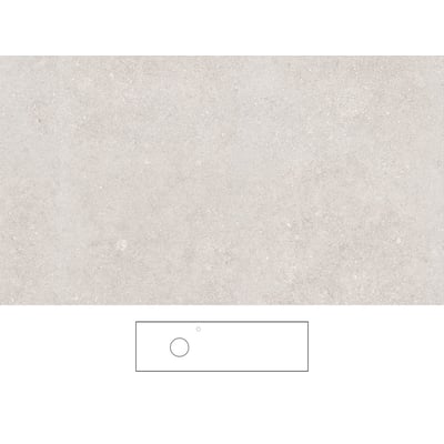 Grå Svedbergs Brecc-bordplade på 161 × 46 cm med synlig overfladestruktur og skitse af udskæring V og armaturhul H.