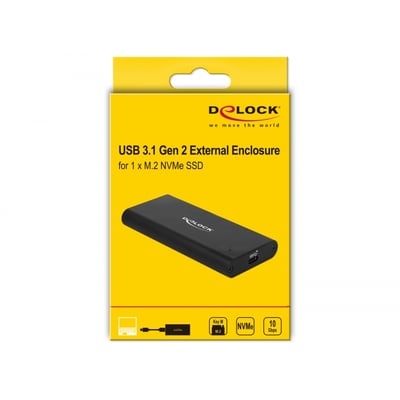 DeLock eksternt kabinet til M.2 NVMe SSD med SuperSpeed USB 3.1 Gen 2 på gul baggrund, viser produkt og information.