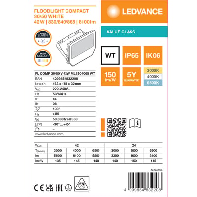 Produktetiket med tegning og specifikationer for Ledvance Floodlight Compact LED-projektør i hvid, 42 W.